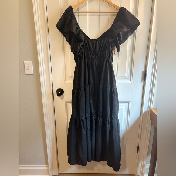 Entro Black Off-Shoulder Poplin Maxi Sundress Tiered with pockets - Picture 10 of 11